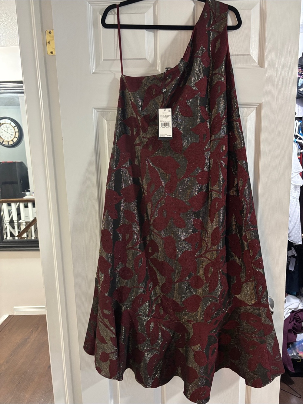 Adrianna Papell Garnet and Metallic Gold One-Shoulder Dress